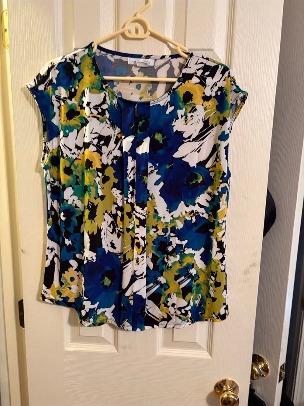 Liz Claiborne Blue, White & Green Floral Cap-Sleeve Blouse